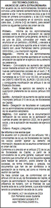 Ejemplo de anuncio de aumento de capital